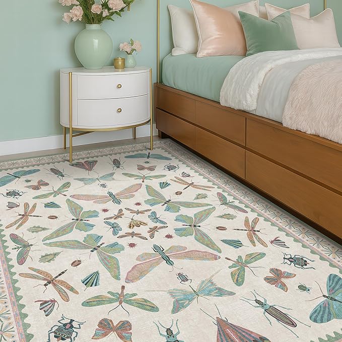 Hazo Haus Green and Blue Nursery Rug 5x8 - Washable Soft Area Rugs for Bedroom Under Bed, Living Room, Vintage Floral Butterfly Fun Indoor Floor Decor