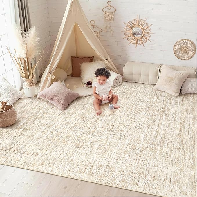 6x9 Area Rugs for Living Room: Washable Moroccan Geometric Boho Rug Farmhouse Non Slip Stain Resistant Large Rug Low Pile Soft Carpet for Bedroom Dining Room Home Office Children Room (Beige,6'x9')