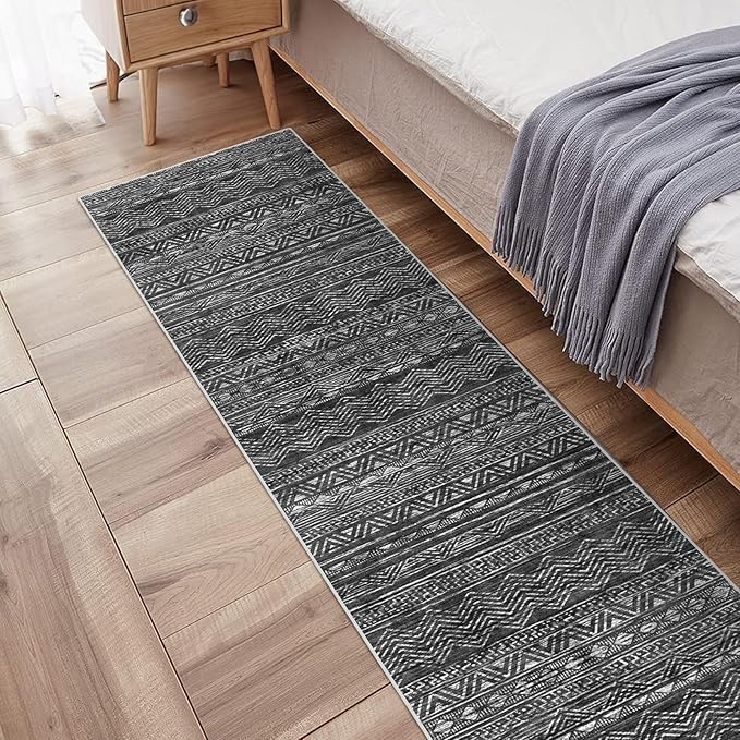 Washable Runner Rug 2'6''x14'Moroccan- Non Slip Hallway Rugs Rubber Backing Kitchen Floor Carpet Low Pile Long Mat with Soft Entryway Rug 2'6''x14'Black