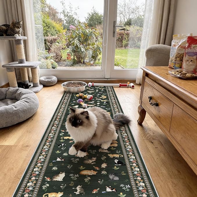 2x10 Washable Hallway Runner Rug - Soft Low Pile Floral Animal Cat Print Rugs with Non-Slip Backing Waterproof Stain-Resistant Indoor Carpet for Kitchen Entryway Bathroom Bedroom (Sage Green)
