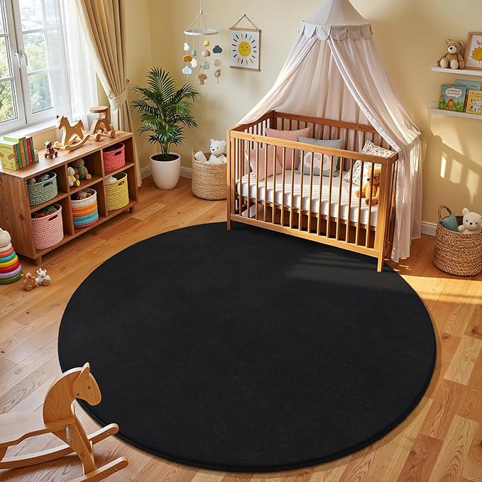 Amearea Black Round Area Rugs 5ft Washable Circle Rugs for Bedroom Living Room, Fluffy Indoor Thickened Memory Foam Rug, Non Slip Minimalist Circular Carpet for Kids Boys Girls Dorm Nursery Room Decor