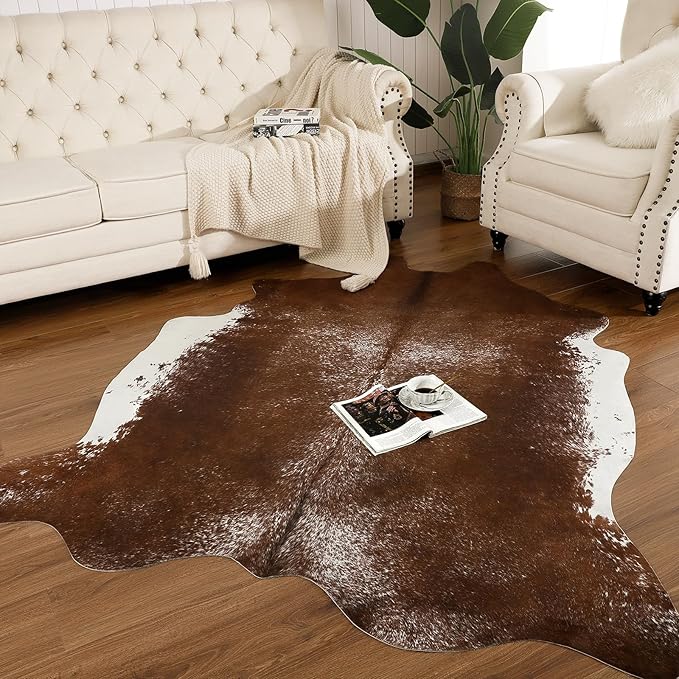 AROGAN Western Decor Faux Fur Cowhide Rug, Large Size Premium Animal Skin Cow Hide Rug, Sturdy Cow Print Rugs for Wall Decor, Western Floor Carpet for Bedroom Living Room, Brown