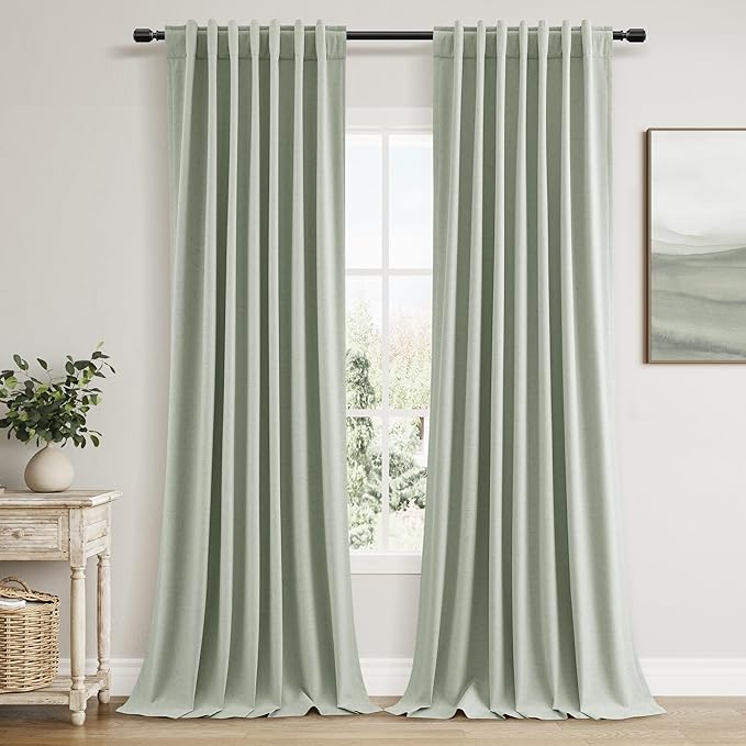 Guken 100% Blackout Curtains 120 Inch Length 2 Panels Set for Living Room Bedroom Back Tab Thermal Insulated Black Out Linen Drapes Room Darkening Window Curtains Mist Sage 52x120
