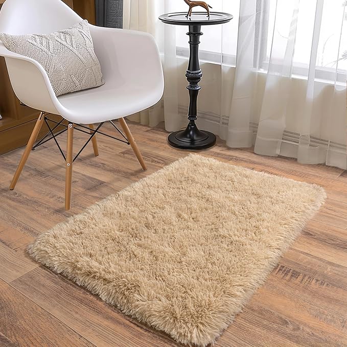 Soft Runner Rugs for Bedroom Hallways, 2 Packs 2x3 Beige Fluffy Shag Throw Area Rug Non Slip for Bedside Dorm, Long Shaggy Furry Carpet for Nursery Living Room