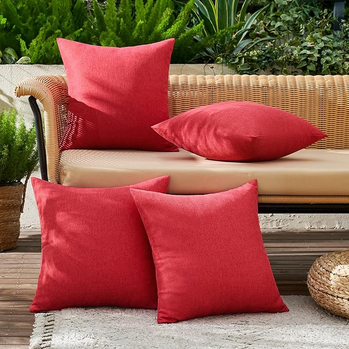 MIULEE Pack of 4 Decorative Solid Waterproof Throw Pillow Covers Linen Garden Farmhouse Cushion Cases for Outdoor Patio Tent Balcony Couch Sofa 16x16 inch Red