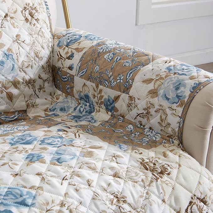 Great Bay Home Reversible Floral Patchwork Sofa Furniture Protector - Machine Washable, Scalloped Edge, Stain Resistant, Printed Furniture Cover for Dogs, Kids, and Pets (Taupe/Blue)