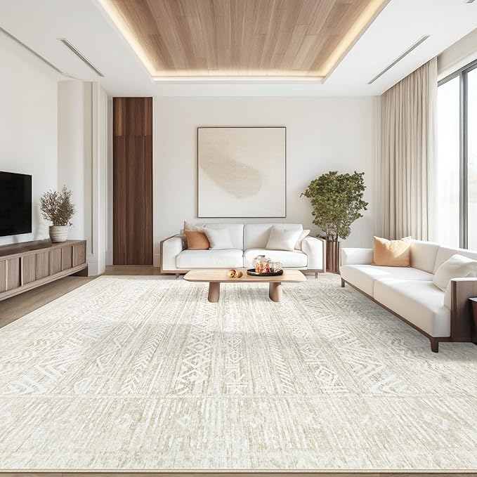 Living Room Rugs 10x14: Washable Moroccan Geometric Boho Rug Farmhouse Non Slip Stain Resistant Large Rug Low Pile Soft Carpet for Bedroom Dining Room Kids Room (Ivory Beige,10'x14')