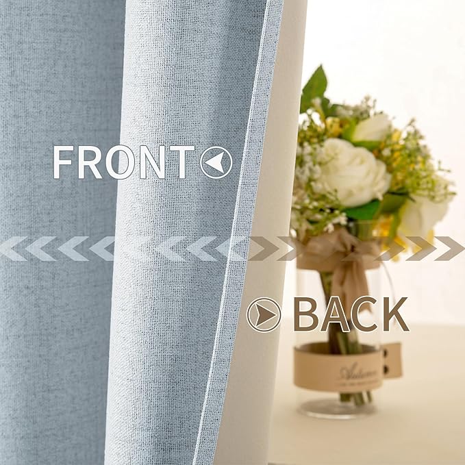 MIULEE 100% Blackout Linen Textured Curtains for Bedroom Solid Thermal Insulated Chambray Blue Grommet Room Darkening Curtains & Drapes Luxury Decor for Living Room Nursery 52 x 96 Inch (2 Panels)