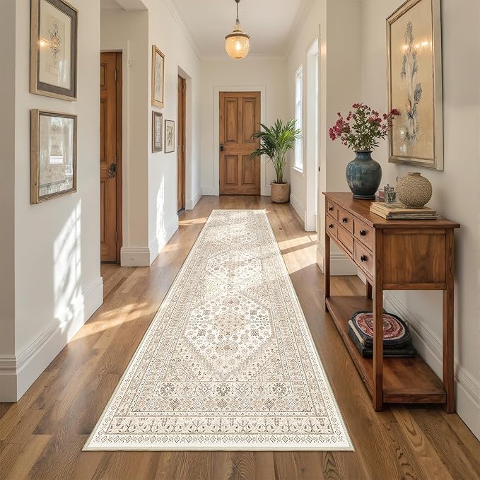 Runner Rug 2x10, Ultra-Thin Kitchen Rugs Non Slip Washable Rugs for Entryway Rug, Kitchen Runner Low Pile Vintage Soft Carpets for Living Room, Bathroom Bedroom (Cream/Beige,2'x10')