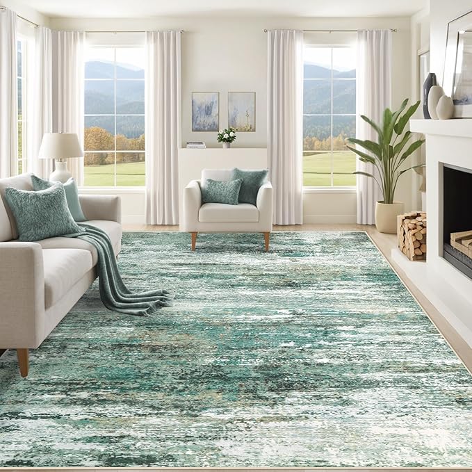 8x10 Area Rugs for Living Room, Washable Modern Abstract Large Area Rug Neutral Soft Non Slip Kids Rug Stain Resistant Indoor Carpet for Bedroom Nursery Dining Room Playroom(Green, 8'x10')