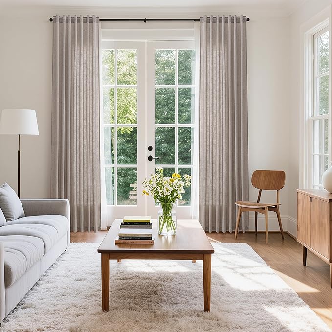 Nanspring Brownish Grey Linen Curtains for Living Room 100 Inches Long Back Tab Light Filtering Semi Sheer Curtain Modern Farmhouse Decor for Bedroom Office Luxury Textured Drapes 52x100, 2 Panels