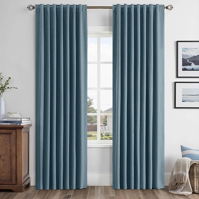 MIULEE 100% Blackout Linen Curtains for Bedroom, Stone Blue Solid Luxury Decor Thermal Insulation Room Darkening Drapes for Living Room Nursery Back Tab Rod Pocket 42 x 72 Inches, 2 Panels