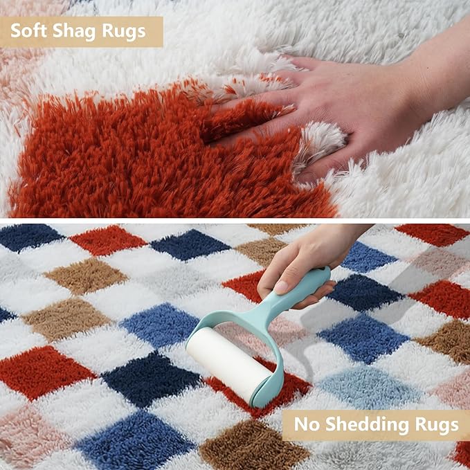 Large Shag Area Rug for Bedroom Living Room,9x12 Fluffy Soft Colorful Checkered Rug Fuzzy Shaggy Bedroom Carpet,Indoor Plush Floor Rugs for Kids Boys Girls Teen Dorm Nursery Home Decor