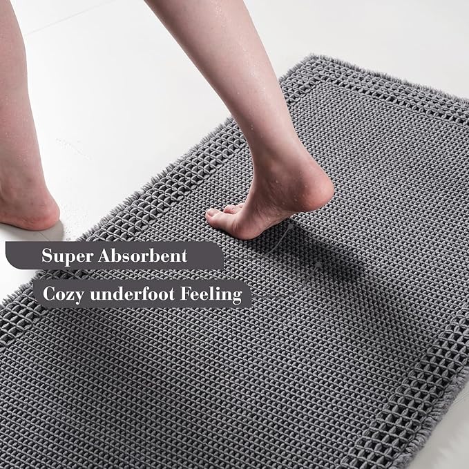 RESARE Waffle Bathroom Runner Rugs, Super Absorbent Bath Mat Non Slip Washable Quick Dry, Upgraded Ultra Soft Boho Bath Rugs with Tassels for Hallway Bedroom Laundry Room, 2'x4'(24"x48"), Dark Grey