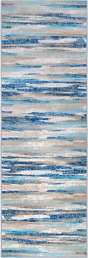Lansny Modern Abstract Runner Rug 2.6x16, Blue Washable Long Kitchen Runner Non-Slip Soft Hallway Rug Runner Thin Print Faux Wool Carpet for Entryway Bedroom Laundry Room Indoor Home Decor