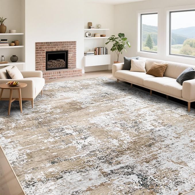 9x12 Area Rug for Living Room, Washable Modern Abstract Large Area Rug Neutral Soft Non Slip Kids Rug Stain Resistant Indoor Carpet for Bedroom Dining Room Playroom Office(Beige, 9'x12')
