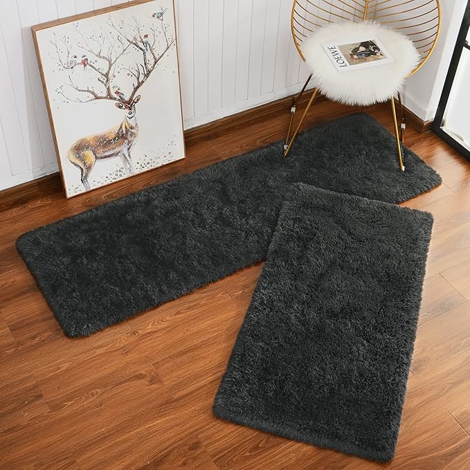 Chicrug Soft Runner Rug for Bedroom Living Room Plush Fluffy Rugs 2x4 Feet, Shag Furry Runner Rug Carpet Non Shedding for Nursery Children Kids Girls Room Home Decorative, Dark Grey