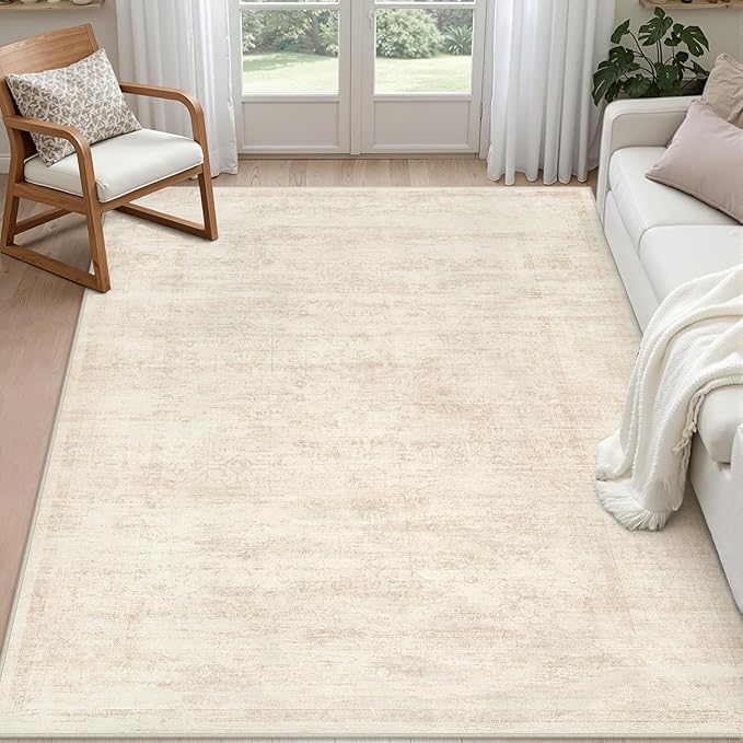 6x9 Area Rugs for Living Room: Vintage Boho Neutral Washable Rug Indoor Soft Large Area Rug Carpet for Bedroom Nursery Farmhouse Dining Room Office Floor Non-Slip Low Pile Under Table Rug Retro Beige