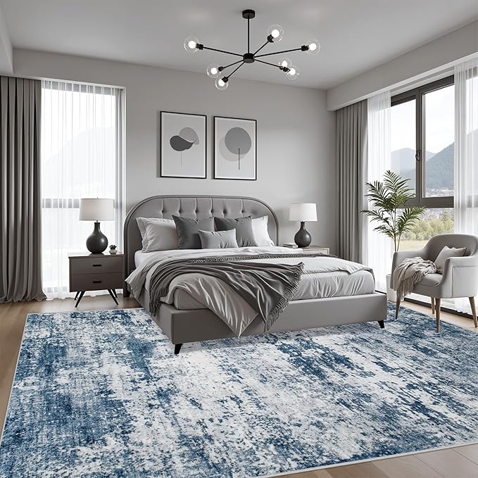 9x12 Area Rug Living Room Rug: Washable Modern Abstract Soft Thin Rug Indoor Floor No Slip Stain Resistant Carpet for Bedroom Dining Room Farmhouse Nursery Home Office - Blue
