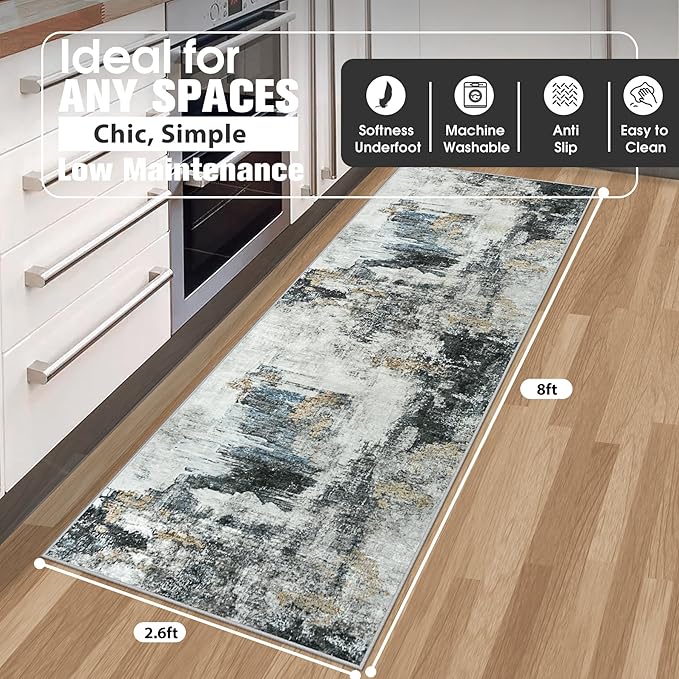 Runner Rug for Hallways Kitchen 2'6"x8' Washable Non Slip: Carpet Non Skid 8ft Entryway Rubber Backed 8 Feet Neutral Abstract Modern Rug Low Pile Pet Friendly Indoor Black Gold