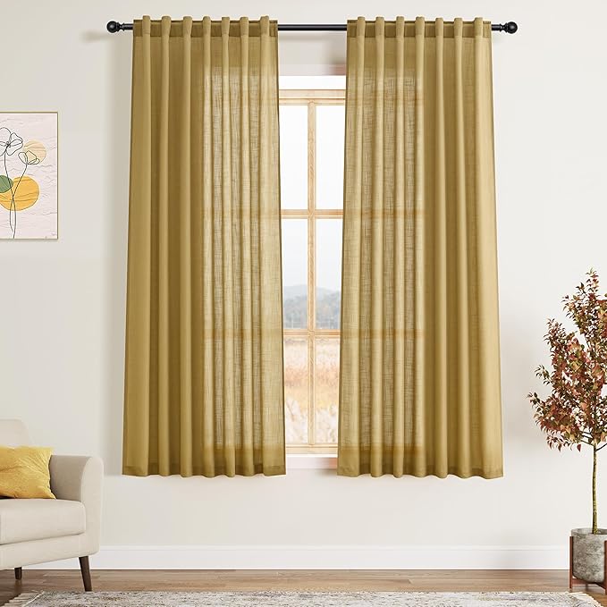 Gold Linen Curtains 63 Inches Long 2 Panel Sets for Living Room Bedroom Rod Pocket Back Tab Light Filtering Drape for Kitchen Window Short Protect Privacy Curtain Modern Farmhouse Decor 52x63