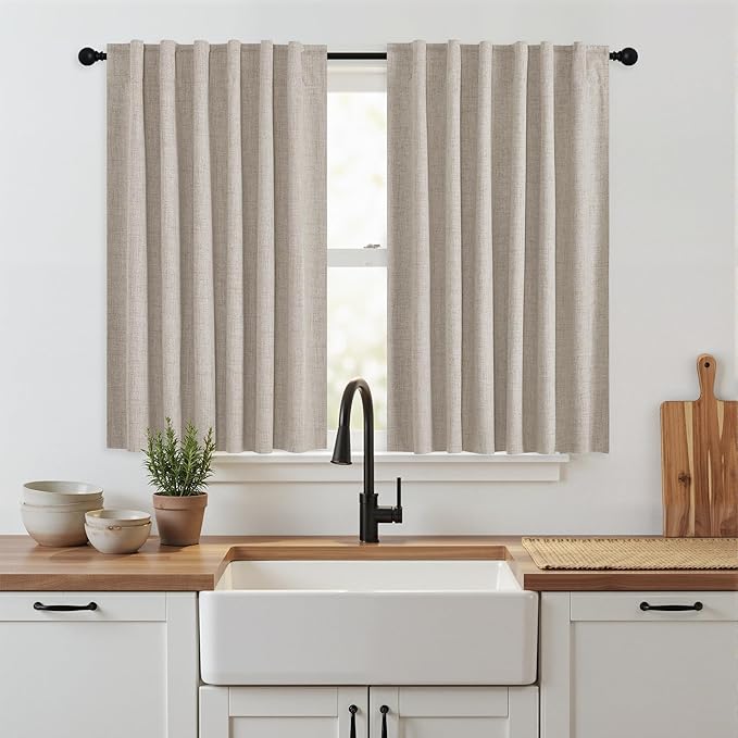 RYB HOME Natural Beige 100% Blackout Short Curtains 45 inch Length 52 Width, Light Blocking & Thermal Insulated Curtains for Kitchen/Small Window/Bathroom/Basement, 2 Panels