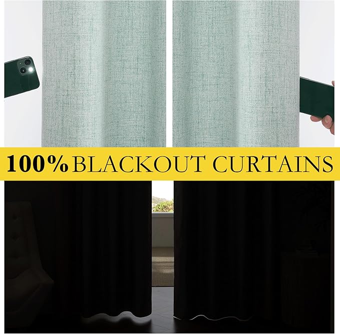 NICETOWN 100% Absolutely Blackout Linen Curtains with Thermal Insulated Grey Liner, Seafoam Green, 52 inches Wide, 48 inches Length Energy Saving Curtains for Laundry 2 Panels Set, Vertical Blinds
