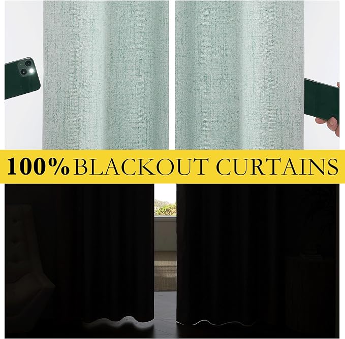 NICETOWN 100% Absolutely Blackout Linen Curtains with Thermal Insulated Liner, Seafoam Green, 42" Wide, 54" Length Energy Saving Curtains for Dining Room 2 Panels Set, Vertical Blinds