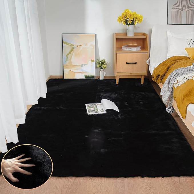 ORINOVA Black Fluffy Rug 5x7 Area Rugs for Bedroom Fuzzy Rabbit Washable Fur Rugs for Living Room Teen Room Nursery Rectangle Rug