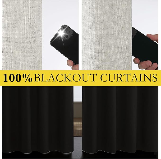 NICETOWN Snowbound Vintage Linen 100% Blackout Curtains for Living Room, Thermal Insulated Curtains 48" Long, Noise Reducing Window Treatment Drapes for Hall Room, 52" Wide Per Panel, Set of 2