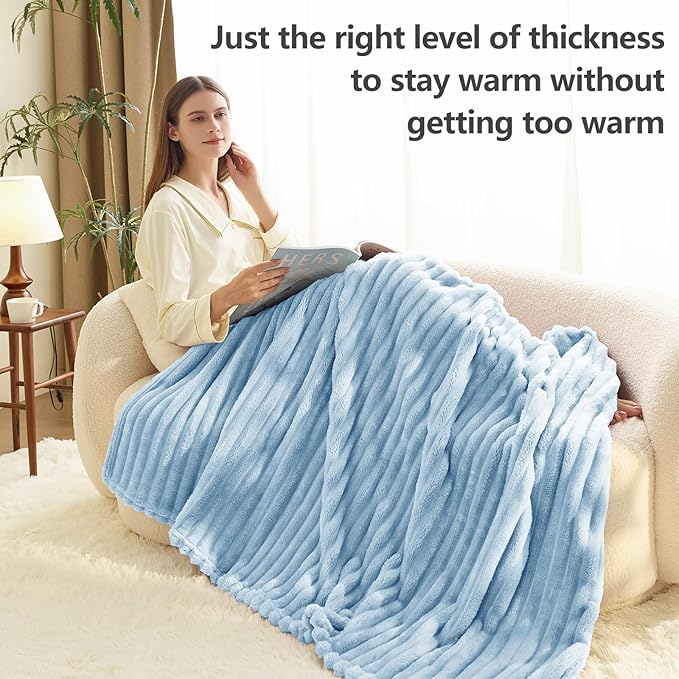 HIMEET Light Blue Ribbed Throw Blanket for Couch - 300GSM Lightweight Soft Fleece Blanket for Women Men, Cozy Blankets for Mothers Gifts, Striped Spring Home Room Decor, Light Blue, 50x60 Inches