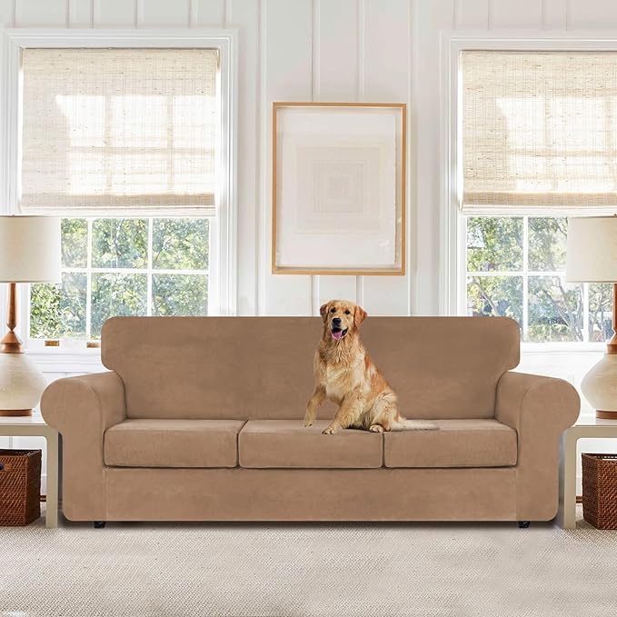 WEERRW 4 Pieces Polyester and Spandex High Stretch Couch Covers for 3 Cushion Couch Sofa Slipcovers, Furniture Protector with Non Slip Elastic Bottom, Feature Soft and Thick Plush Fabric, Camel, Large
