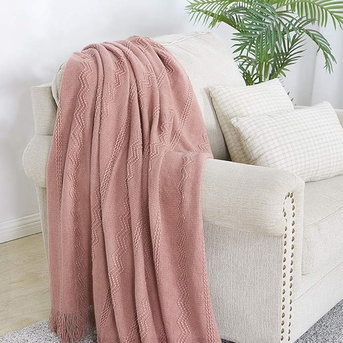 BOURINA Coral Pink Throw Blanket 50 x90 Inches Textured Solid Soft Sofa Throw Bed Runner Knitted Decorative Blanket