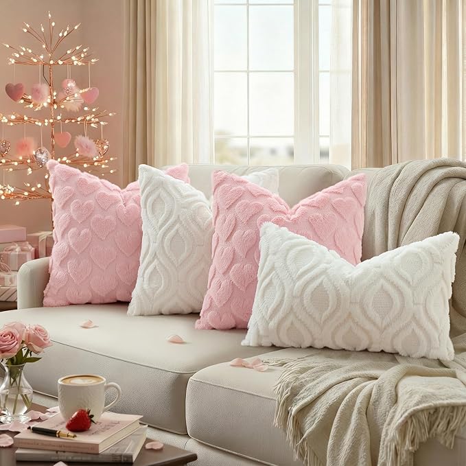decorUhome Valentine’s Day Soft Plush Throw Pillow Covers 18x18 Inch Set of 2, Faux Fur Pink Heart Decoration Neutral Square Pillow Covers for Couch Sofa Bed Cozy Farmhouse Holiday Decor