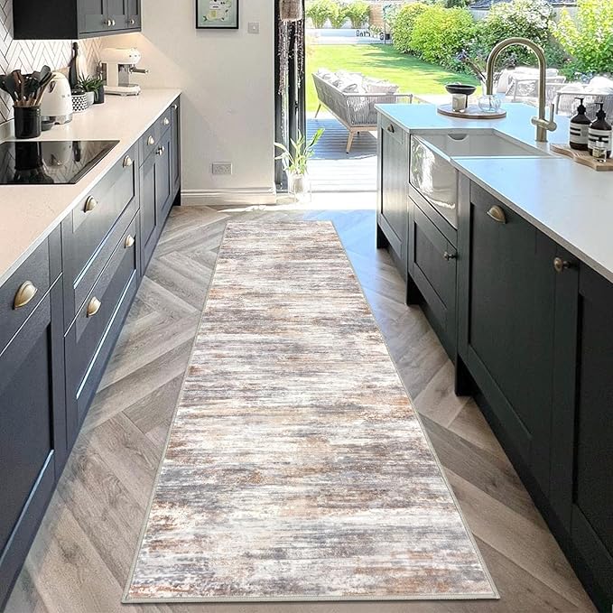 KOZYFLY Modern Abstract Washable Rug Runner 2.6x10 Hallway Rug Runner Non-Slip Soft Kitchen Runner Rugs, Multi Grey/Orange Striped Carpet for Entryway Bathroom