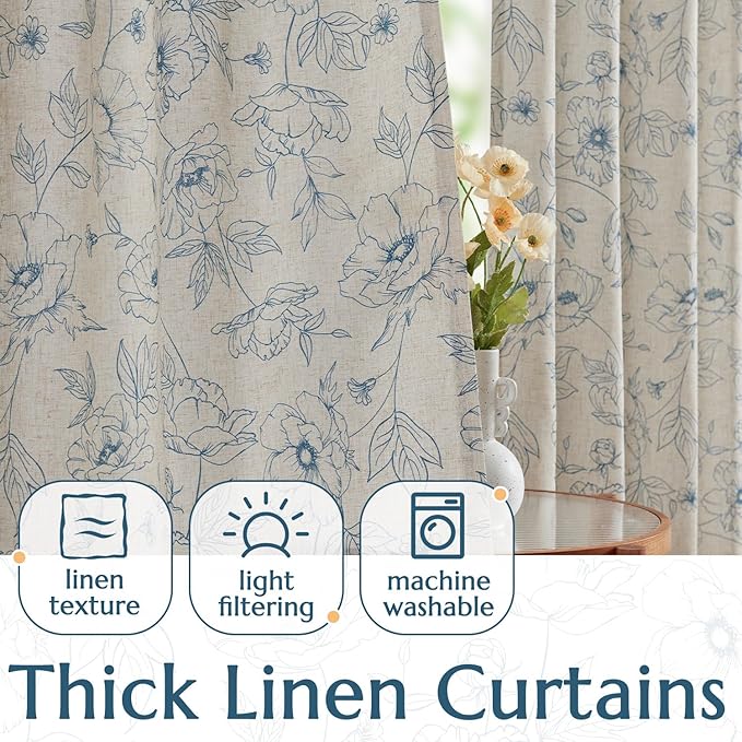 jinchan Floral Linen Curtains for Living Room 96 Inch Length Blue Flower Curtain Rod Pocket Back Tab Farmhouse Curtains with Printed Floral Bedroom Window Curtain Set, 2 Panels Blue