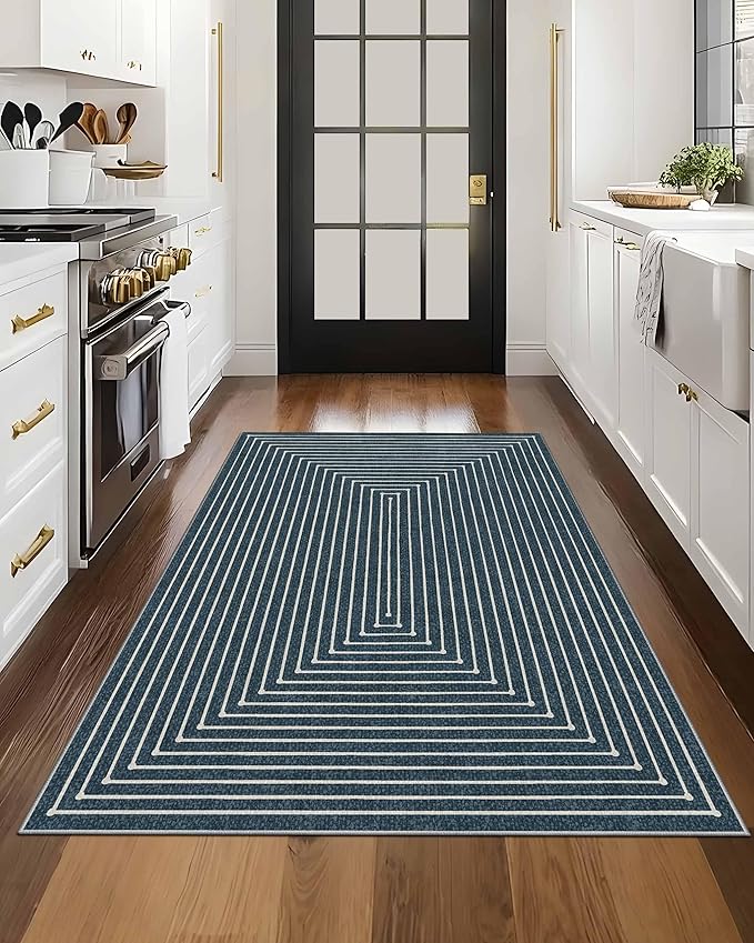 Latte&Fog 3x5 Entryway Rug Indoor, Modern Abstract Washable Area Rug, Boho Non Slip Low Pile Throw Carpet for Indoor Bedroom Bedside, Kitchen, Entry and Living Room - Blue