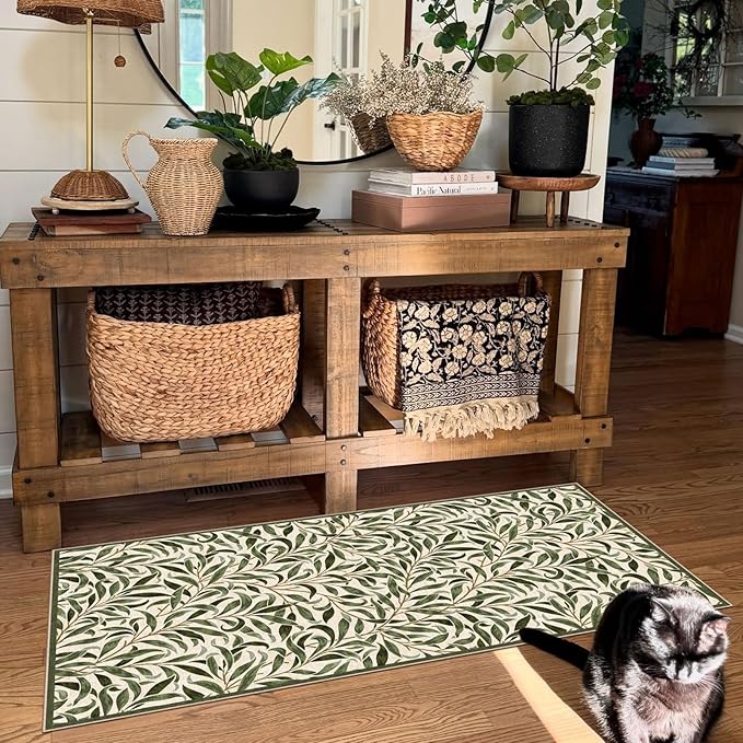 Front Door Mat Indoor Entrance - 2x4.3 Ft Boho Washable Layered Doormat Outdoor Entrance Porch Rug Non-Slip Spring Sage Green Leaf Runner Rug for Kitchen Bedroom Laundry Room Porch Decor