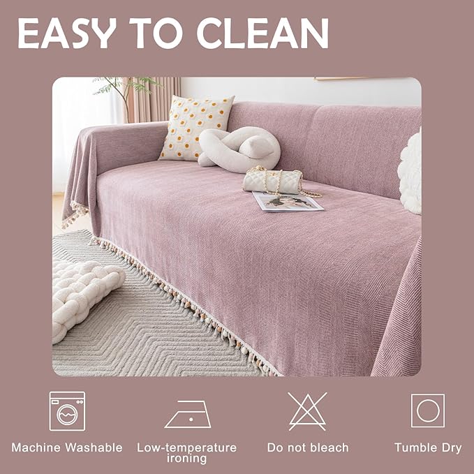 HANDONTIME Soild Couch Covers for Dogs Pink-Purple Sofa Covers Boho Cover for Sofa 3 Seats Chenille Sofa Throw Cover Mauve Sofa Covers for 3 Cushion Couch Tassel, Washable, Pet Friendly, 91" X150"