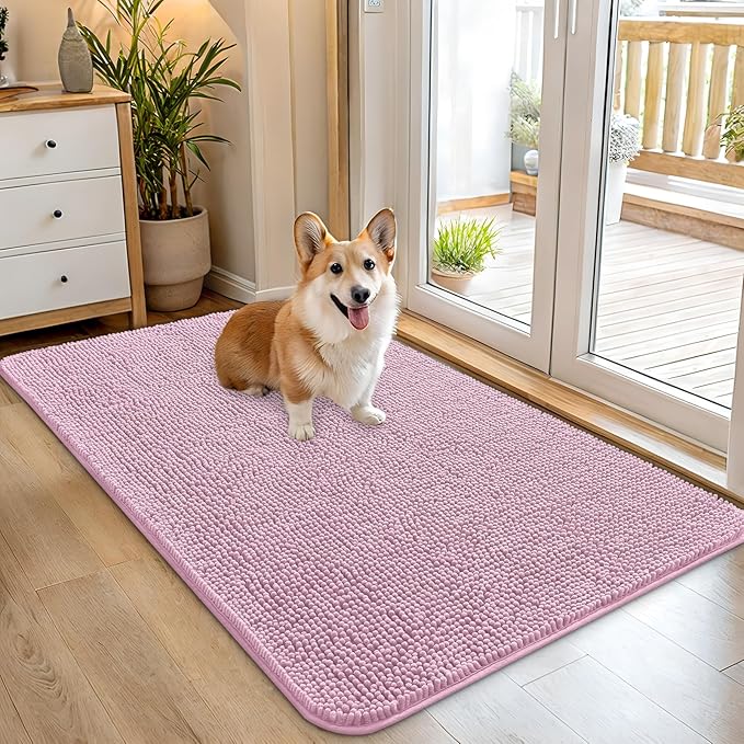 OLANLY Dog Door Mat for Muddy Paws 45x27, Absorbs Moisture and Dirt, Absorbent Non-Slip Washable Doormat, Quick Dry Chenille Mud Mat for Dogs, Entry Indoor Entryway Carpet for Inside Floor, Dusty Rose
