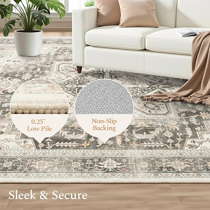 Rugflix 9x12 Area Rugs for Living Room, Machine Washable Rug Non Slip Stain Resistance, Large Rug Vintage Distressed Soft Carpet for Bedroom, Dining Room, Home Office, Beige Grey