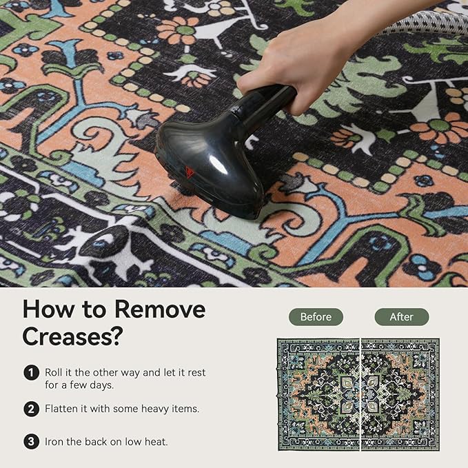 Lofus 9x12 Area Rugs for Living Room, Machine Washable Area Rug, Soft Large Rugs for Bedroom, Kitchen, Office and Indoor, Vintage Boho Carpet, Non-Slip Low Pile Carpets, Dark Green