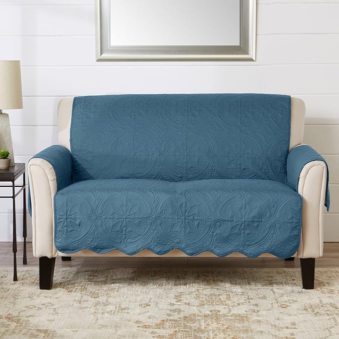 Great Bay Home Reversible Loveseat Cover - Washable Slipcover Furniture Protector with Elastic Straps - Perfect for Kids & Pets - Quilted & Stitched Detail (Smoke Blue/Ivory)