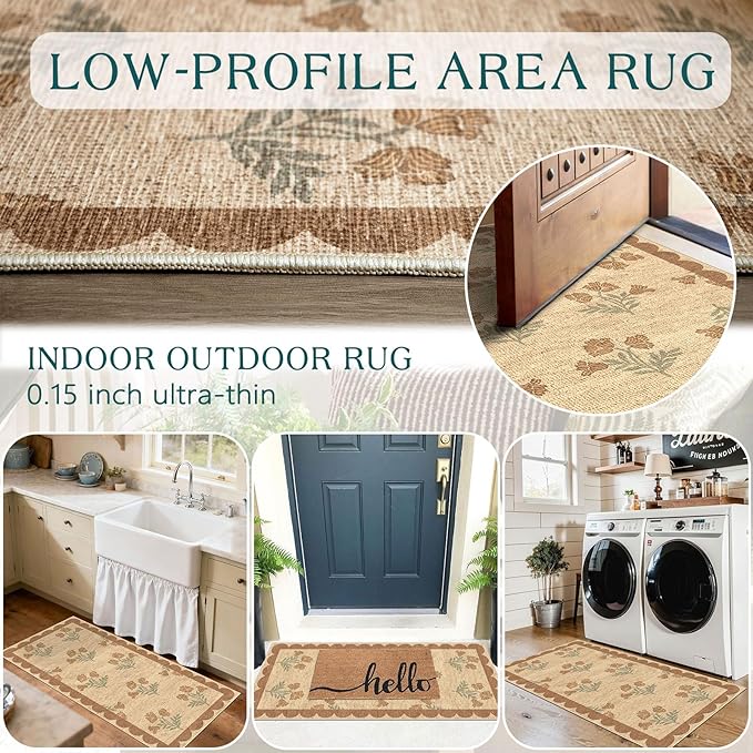 Front Door Mat Indoor Entrance - 2x4.3 Ft Tan Floral Washable Layered Doormat Outdoor Entrance Porch Rug Non-Slip Neutral Country Jute-Look Runner Rug for Kitchen Mud Laundry Room Porch Decor