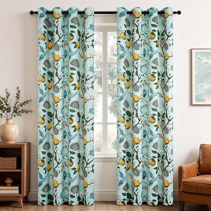 Topfinel 94 Inches Long Custom Floral Curtains Unique Cottagecore Whimsical Vintage Pretty Fun Flower Hummingbird Patterned Double Sided Grommet Print Drapes for Bedroom Living Room Dining Mint Green