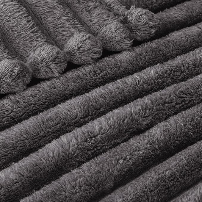 Exclusivo Mezcla Queen Size Flannel Fleece Blanket, Super Soft Striped Jacquard Bed Blanket, Lightweight Fuzzy Cozy for All Seasons, 90x90 Inches, Dark Grey