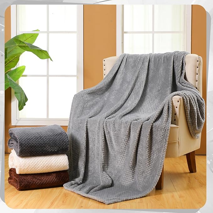 Newwiee 4 Pcs Flanne Fleece Throw Blanket for Bed Couch Large 3D Waffle Textured Soft Blanket Winter Warm Lightweight No Shedding No Pilling Decorative Throw, 50x60 Inch(Gradient Gray)