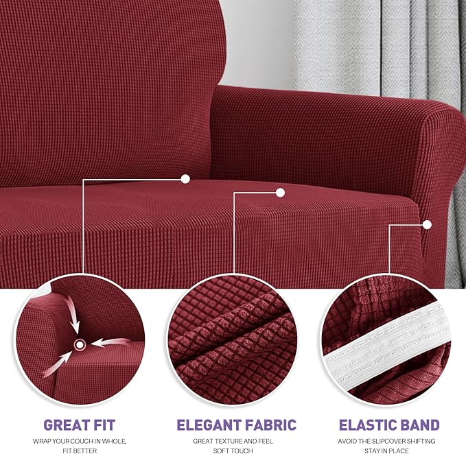 ZNSAYOTX Super Stretch Couch Cover Love Seat Sofa Covers for Living Room Dogs Pet Friendly Furniture Protector Spandex Loveseat Slipcovers with Anti Slip Foam Sticks (Wine Red, Loveseat)