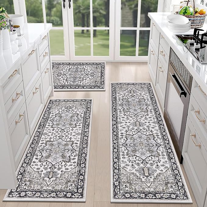 HEBE Boho Kitchen Rug Sets 3 Piece with Runner Non Slip Kitchen Rugs and Mats Washable Kitchen Mats for Floor Thick Kitchen Floor Mat Carpet Runner Rugs for Hallway Laundry Holiday Decor