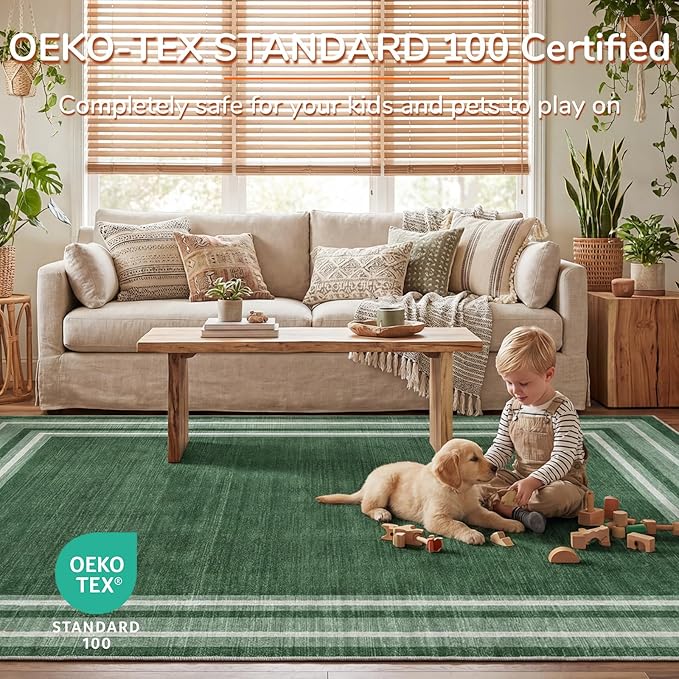 OPPODREAM Border Soft Area Rugs 5x7, Washable Green Rug with Non Slip Backing, 5 x 7 Faux Cashmere Low-Pile 5x7 Carpet